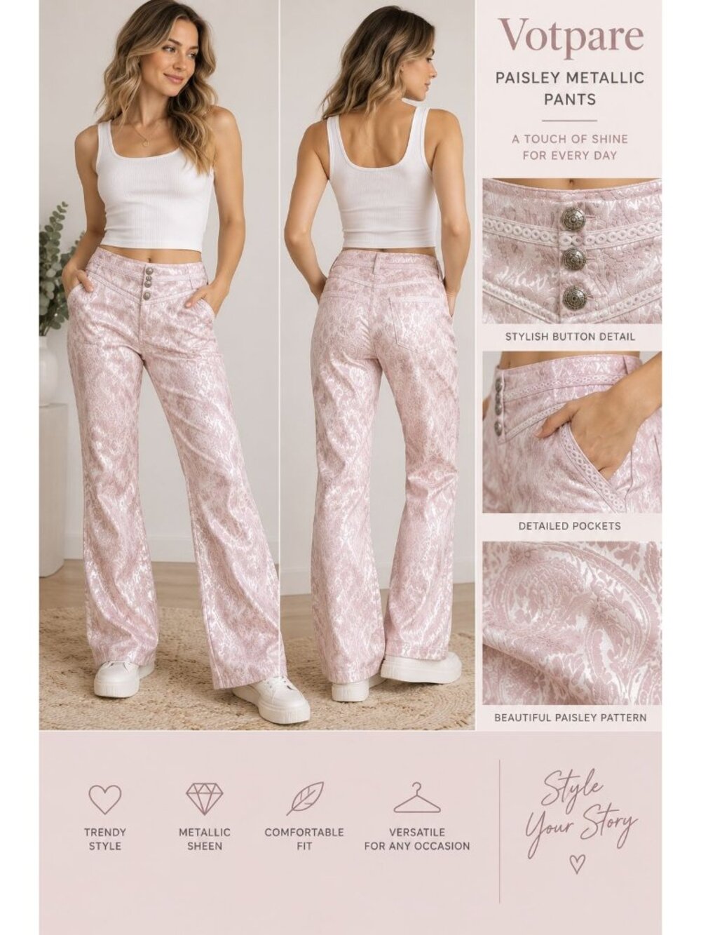 Votpare light pink pants with a metallic sheen and an all-over paisley pattern S